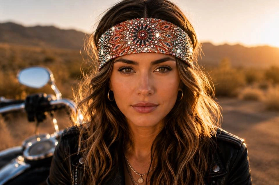 Crystal and pearl beaded bandana headband worn at sunset, leather jacket and motorcycle behind.