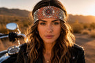 Crystal and pearl beaded bandana headband worn at sunset, leather jacket and motorcycle behind.